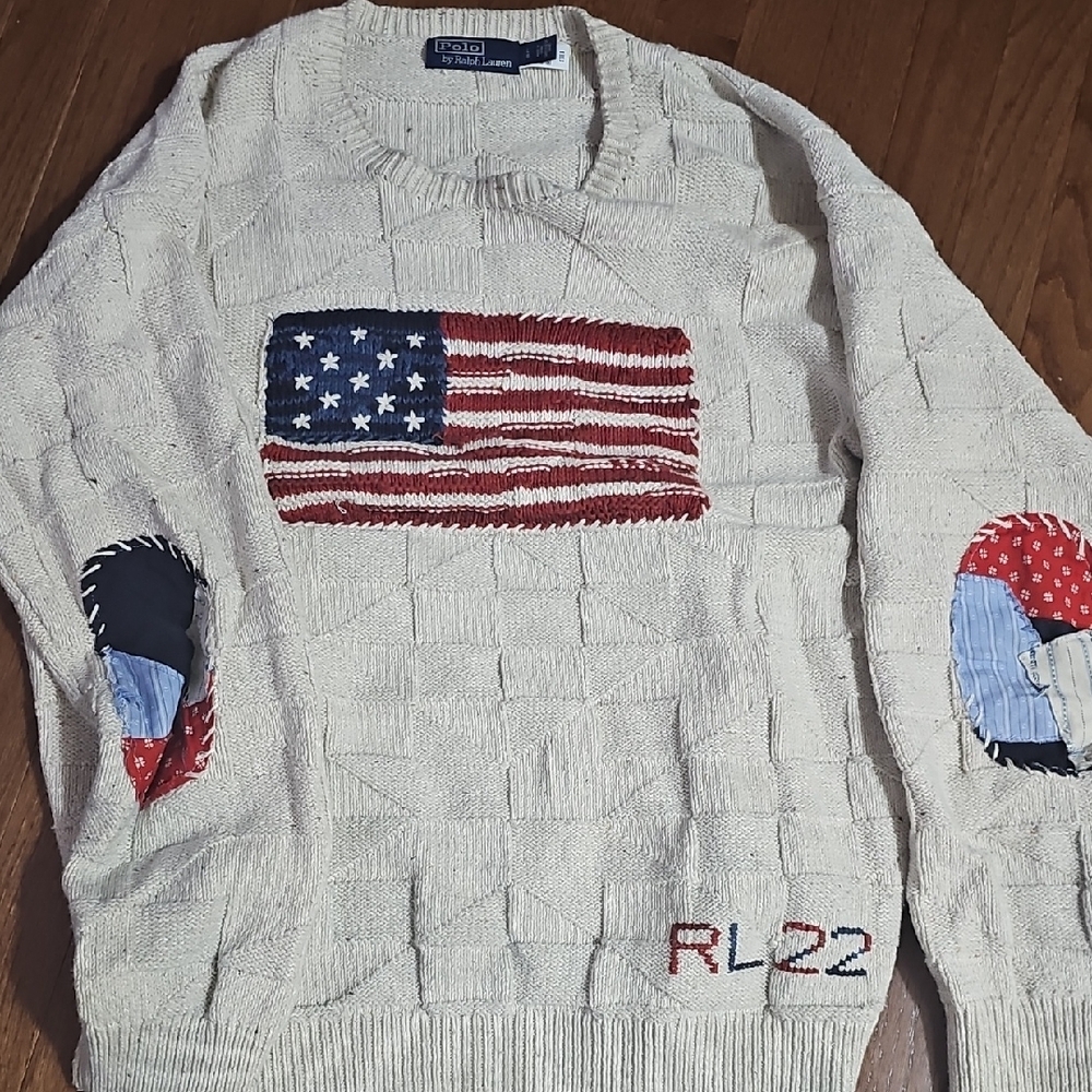 Polo by Ralph Lauren Cream Crewneck Sweater with American Flag